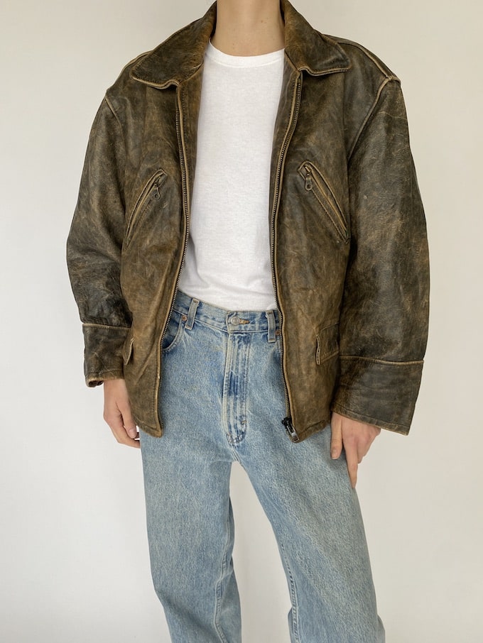 Vintage oversized distressed leather jacket in Brown 5458