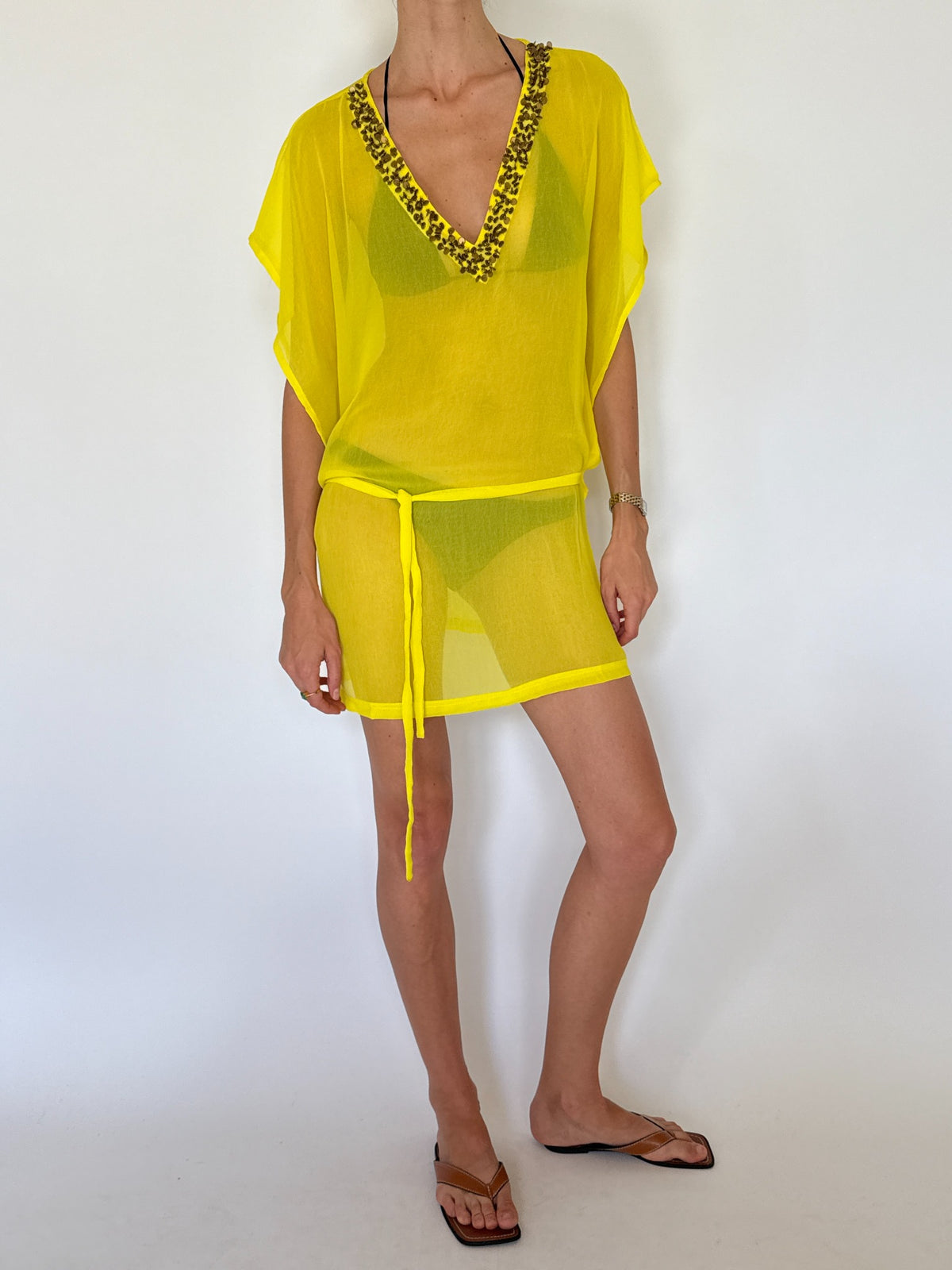 Vintage sheer yellow beaded V-neck tie-waist beach cover-up
