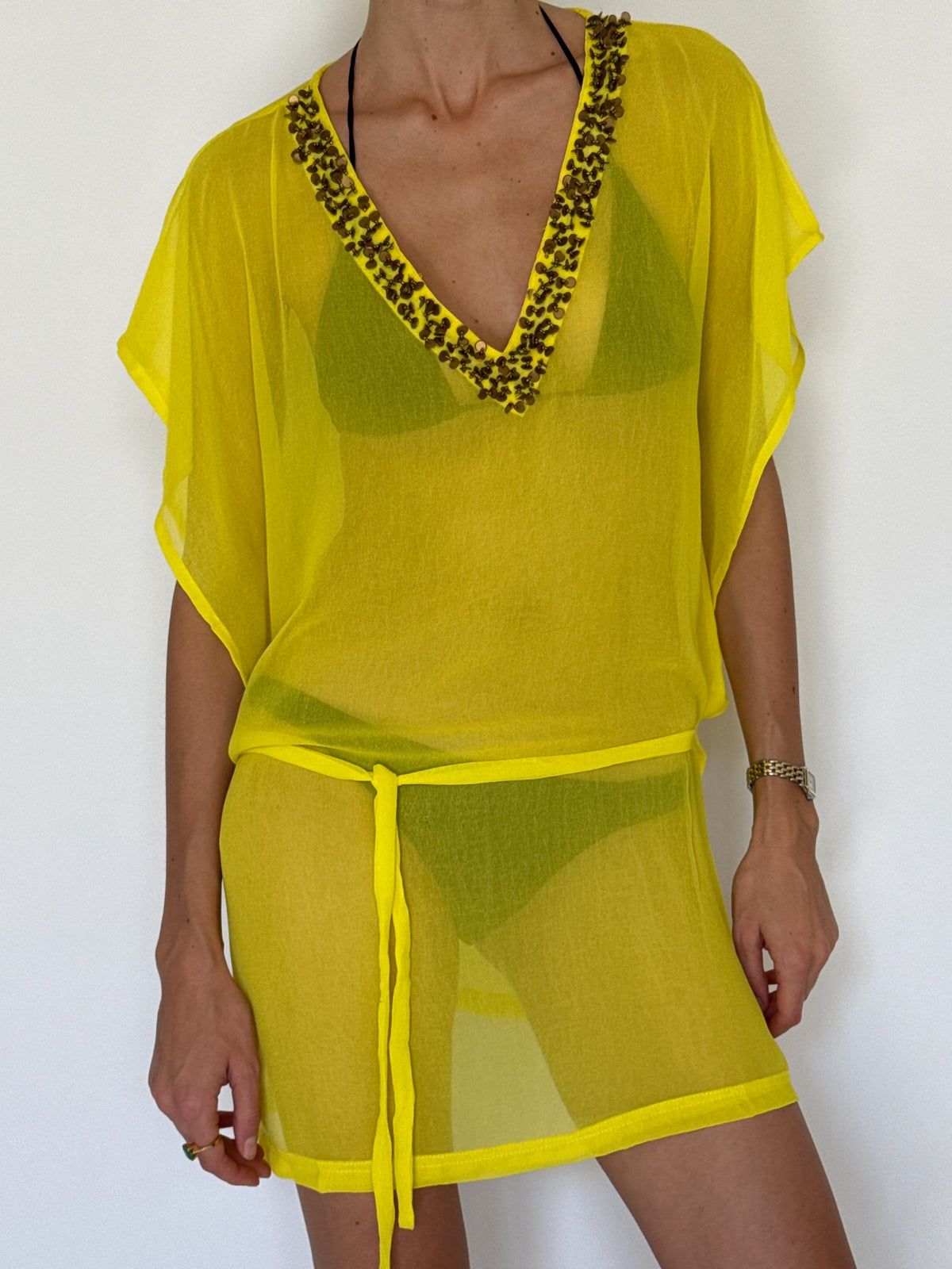 Vintage sheer yellow beaded V-neck tie-waist beach cover-up
