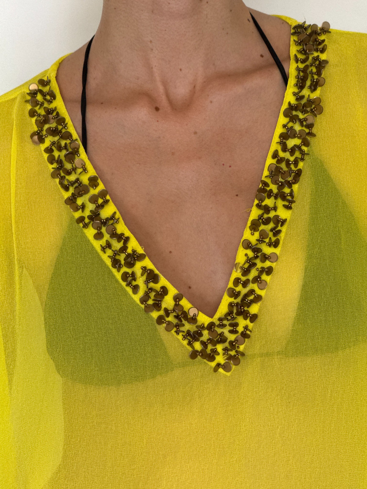 Vintage sheer yellow beaded V-neck tie-waist beach cover-up