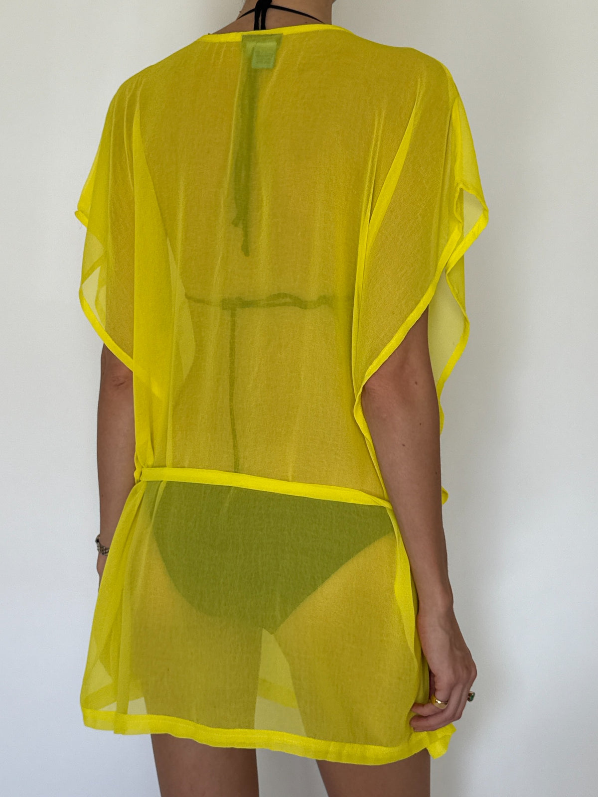 Vintage sheer yellow beaded V-neck tie-waist beach cover-up
