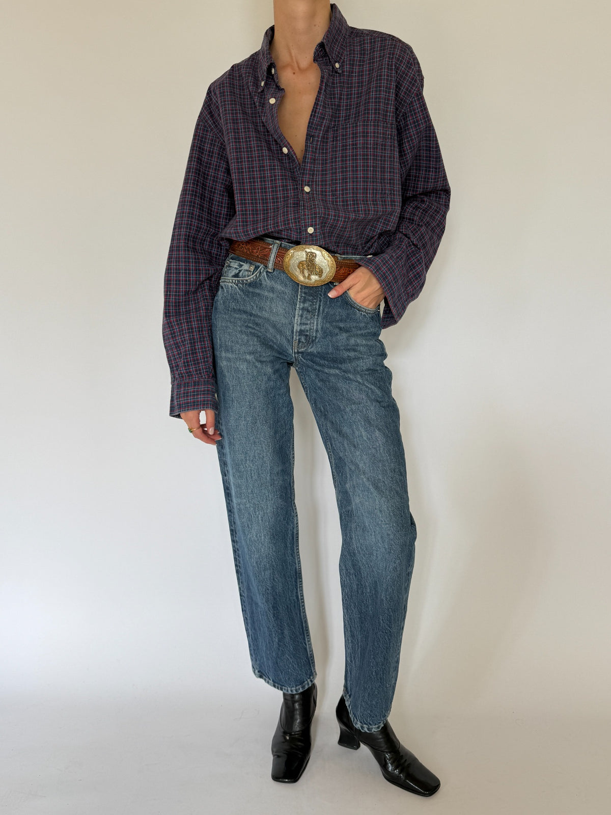 Vintage western-inspired navy and red plaid cotton shirt view 1
