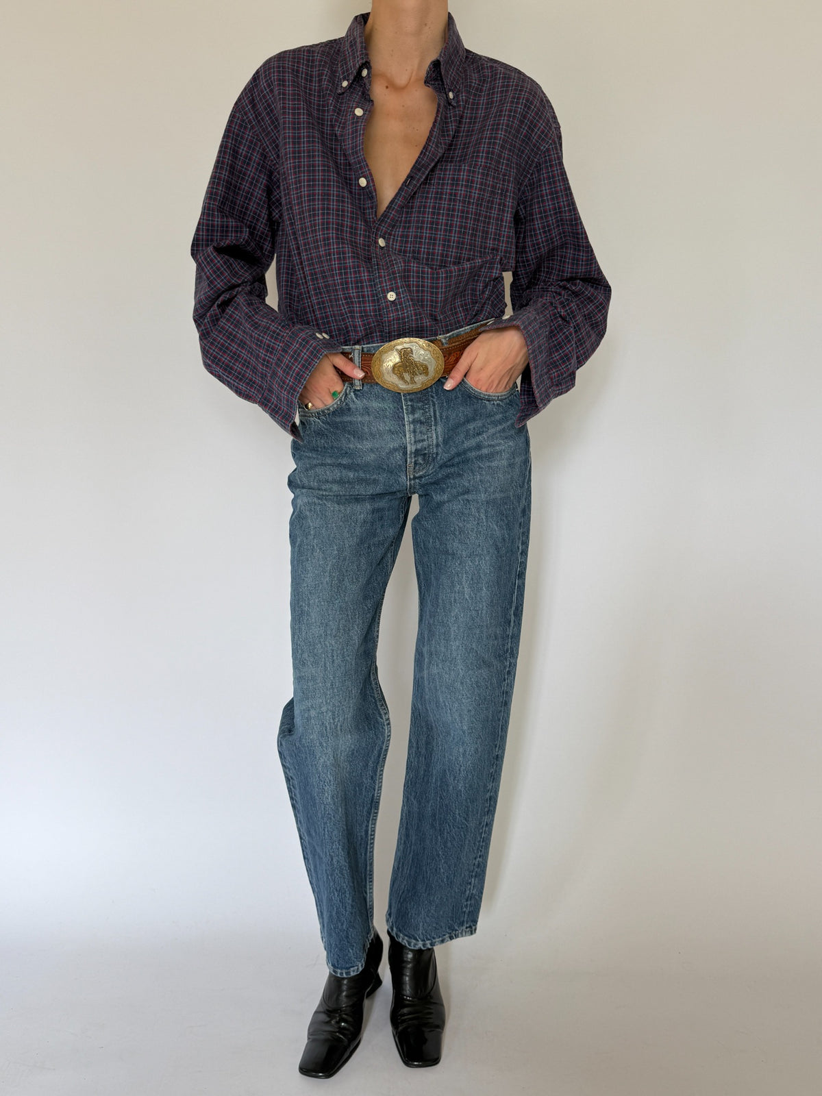 Vintage western-inspired navy and red plaid cotton shirt view 3