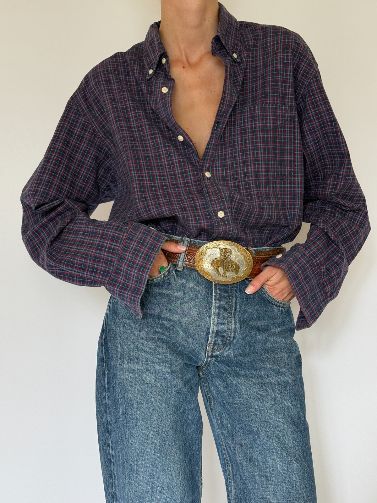 Vintage western-inspired navy and red plaid cotton shirt view 4