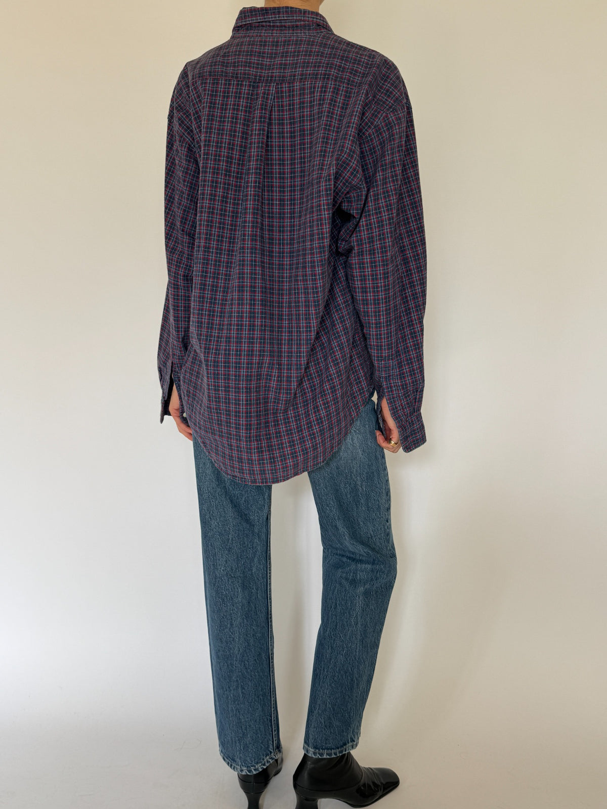 Vintage western-inspired navy and red plaid cotton shirt view 8