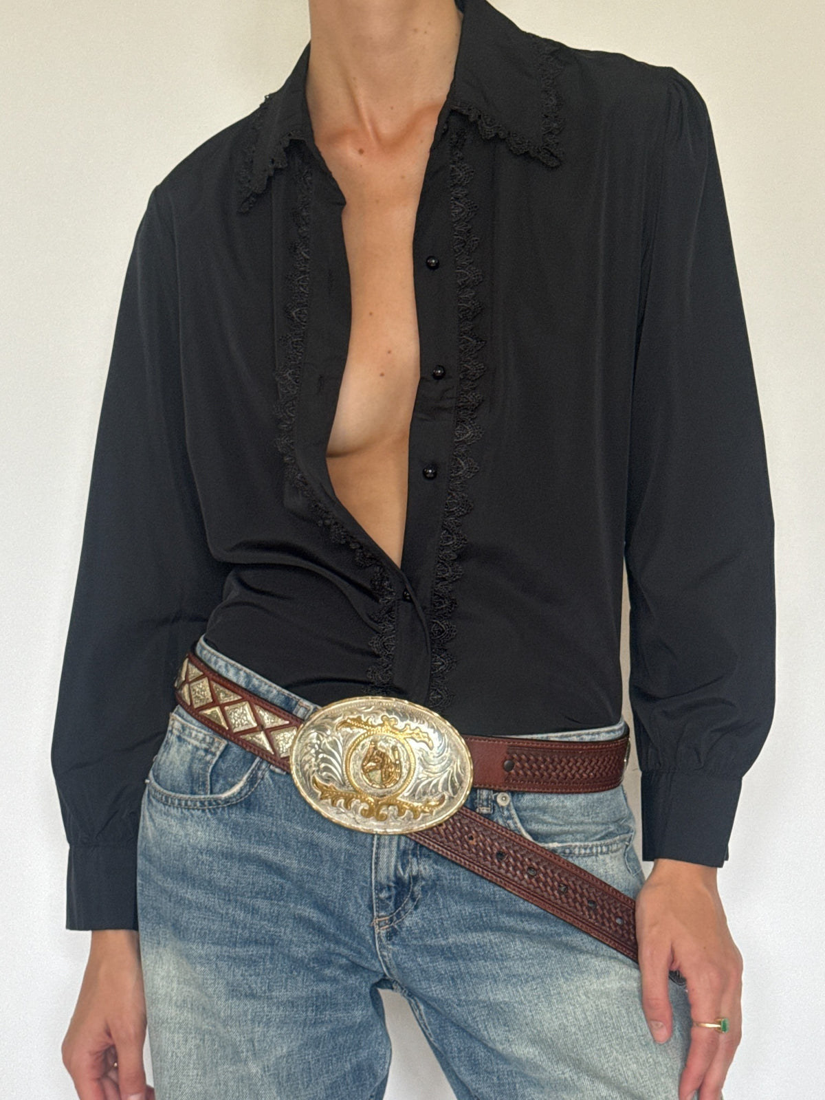 Black western-inspired lace-trim blouse view 3