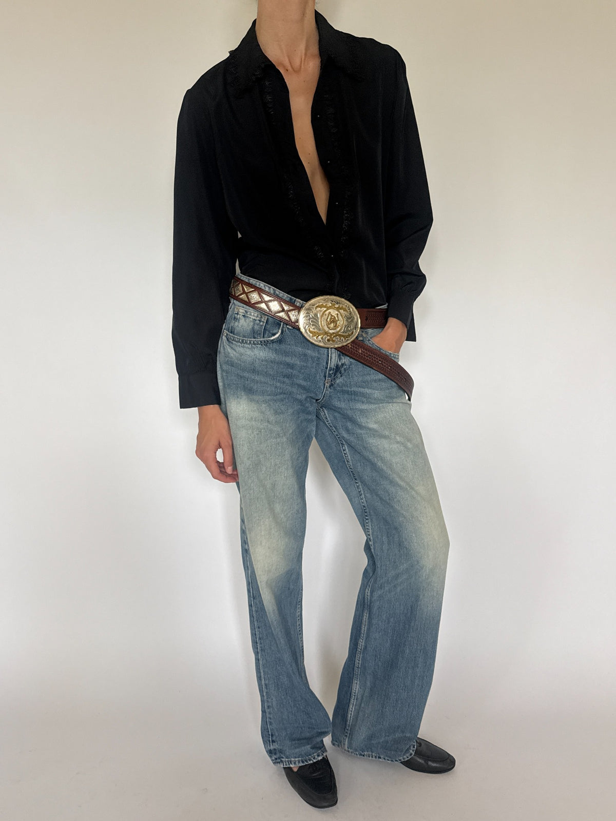 Black western-inspired lace-trim blouse view 4