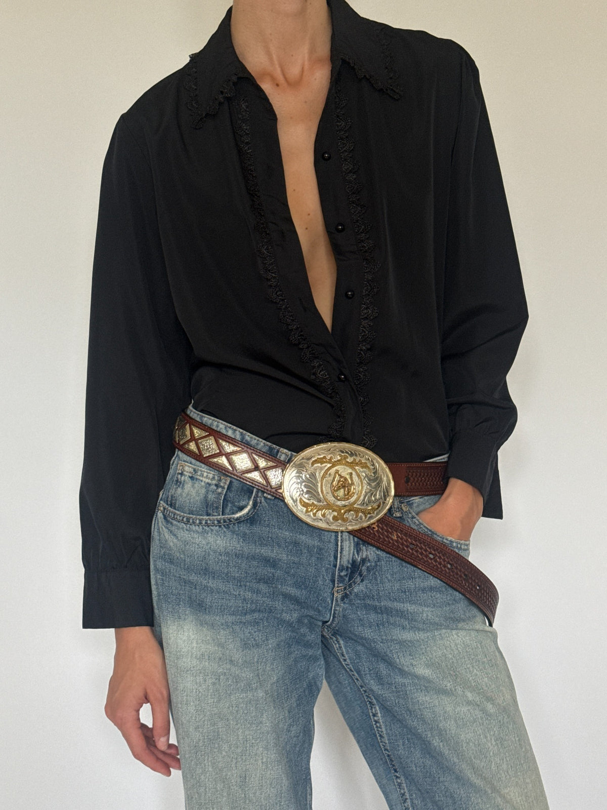 Black western-inspired lace-trim blouse view 6