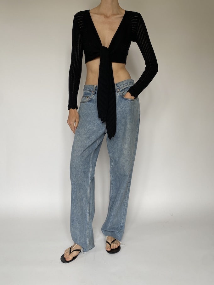 Vintage black knit cropped tie top 4222