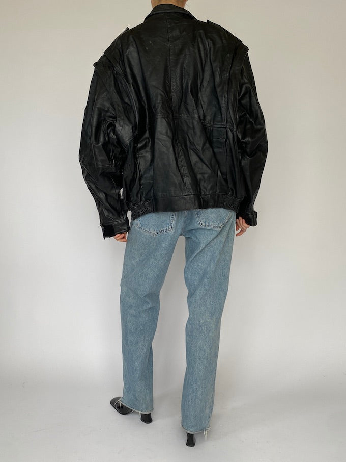 Vintage oversized detailed leather jacket in black 5470