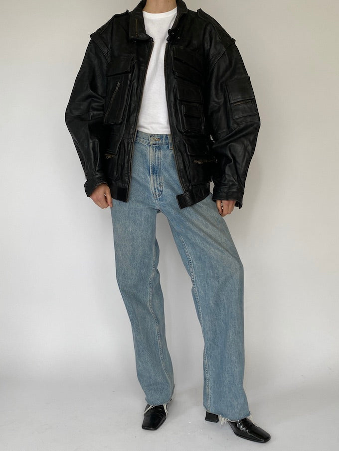 Vintage oversized detailed leather jacket in black 5470