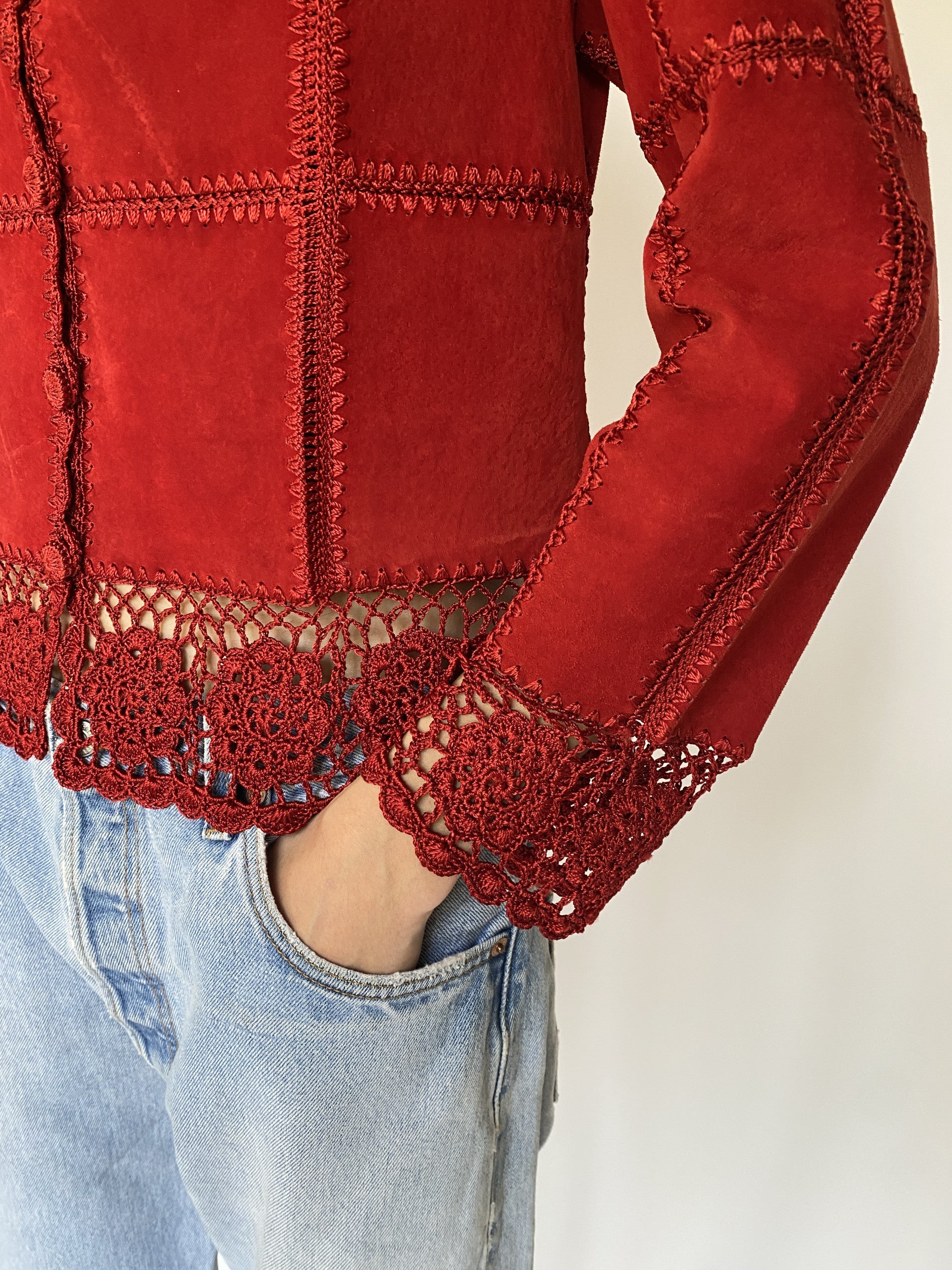 Vintage red suede crochet jacket 0005