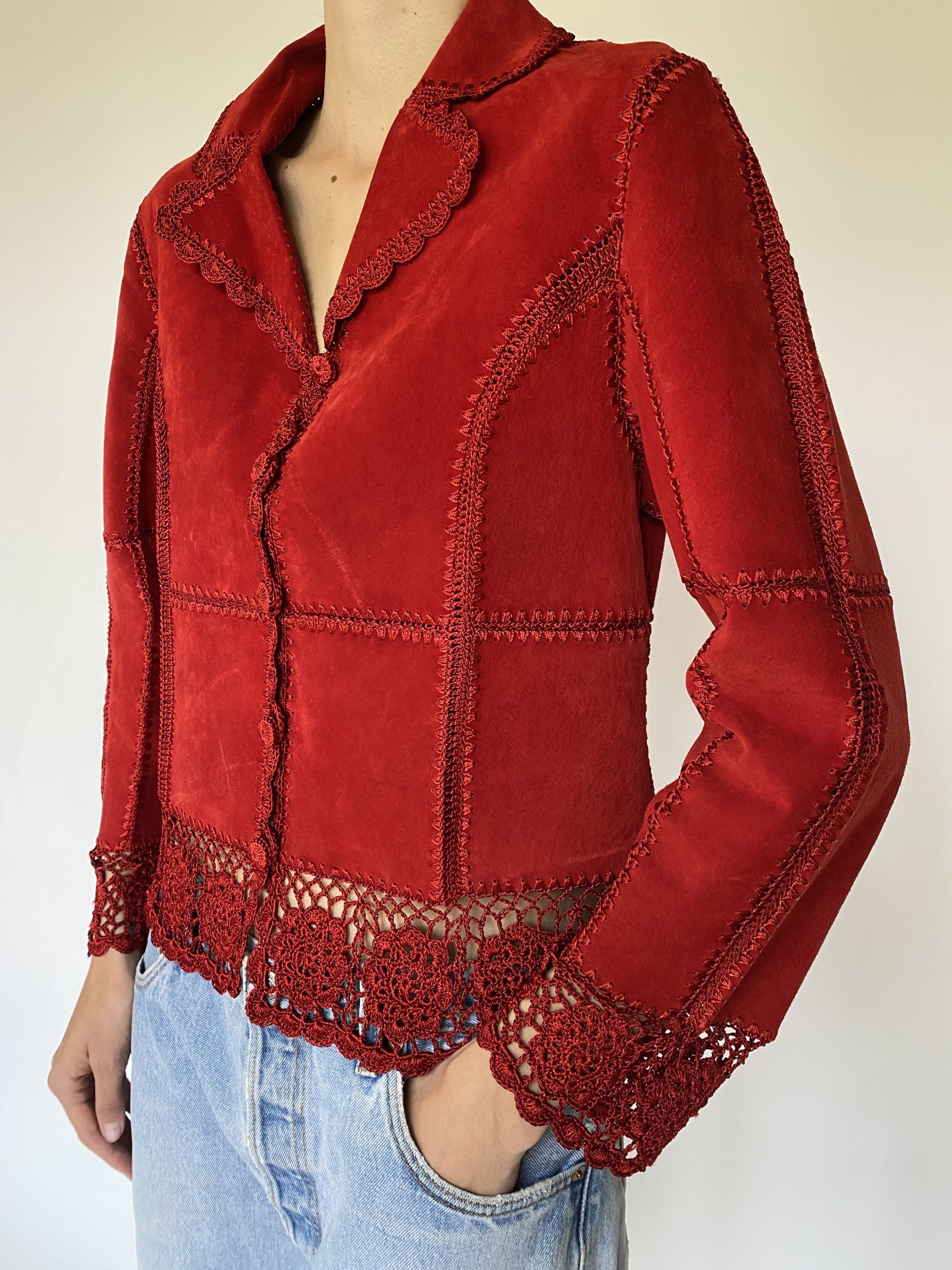 Vintage red suede crochet jacket 0005