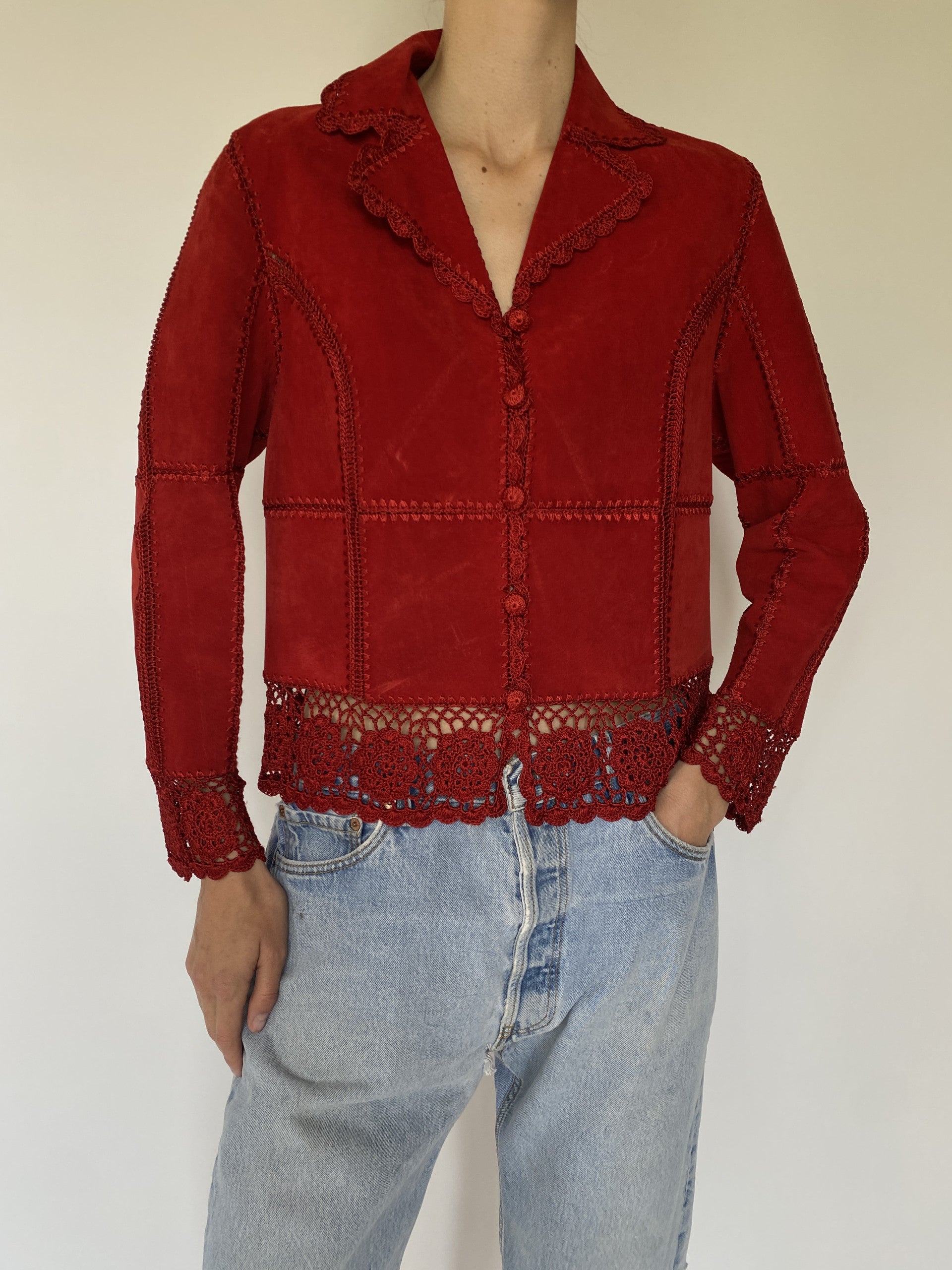 Vintage red suede crochet jacket 0005