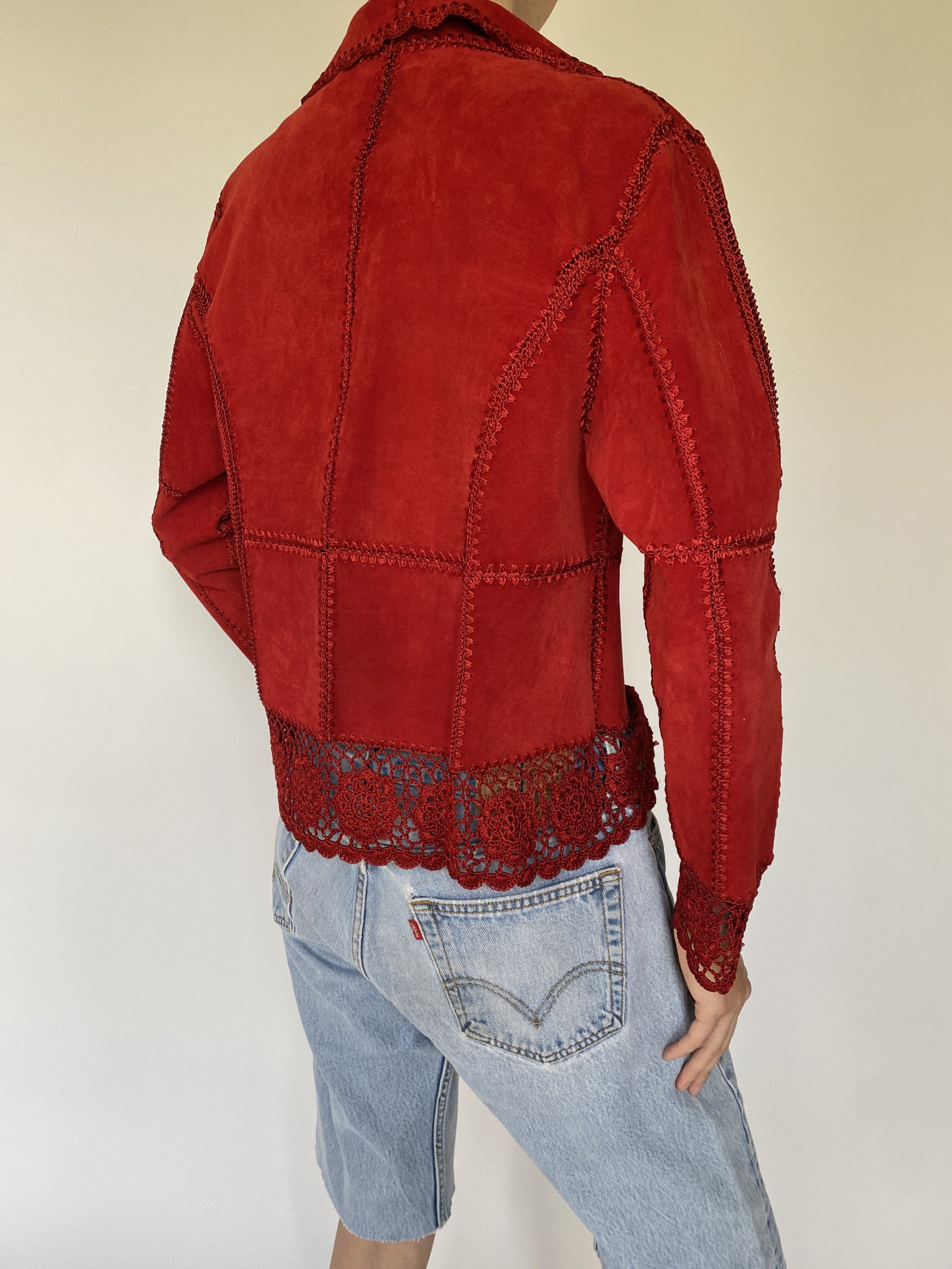 Vintage red suede crochet jacket 0005