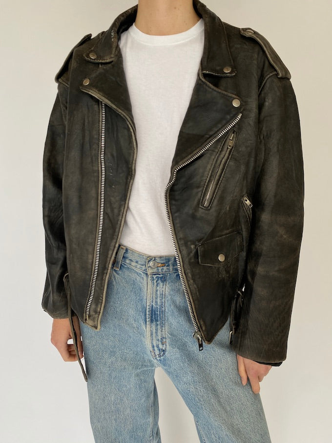 Vintage distressed biker jacket in black 5452