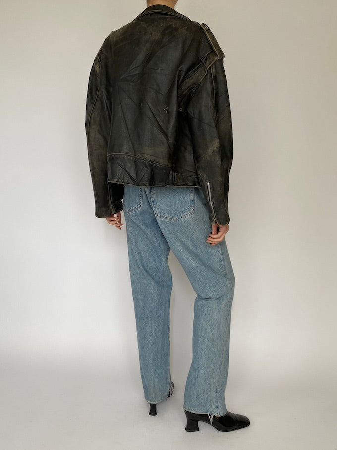 Vintage distressed biker jacket in black 5452