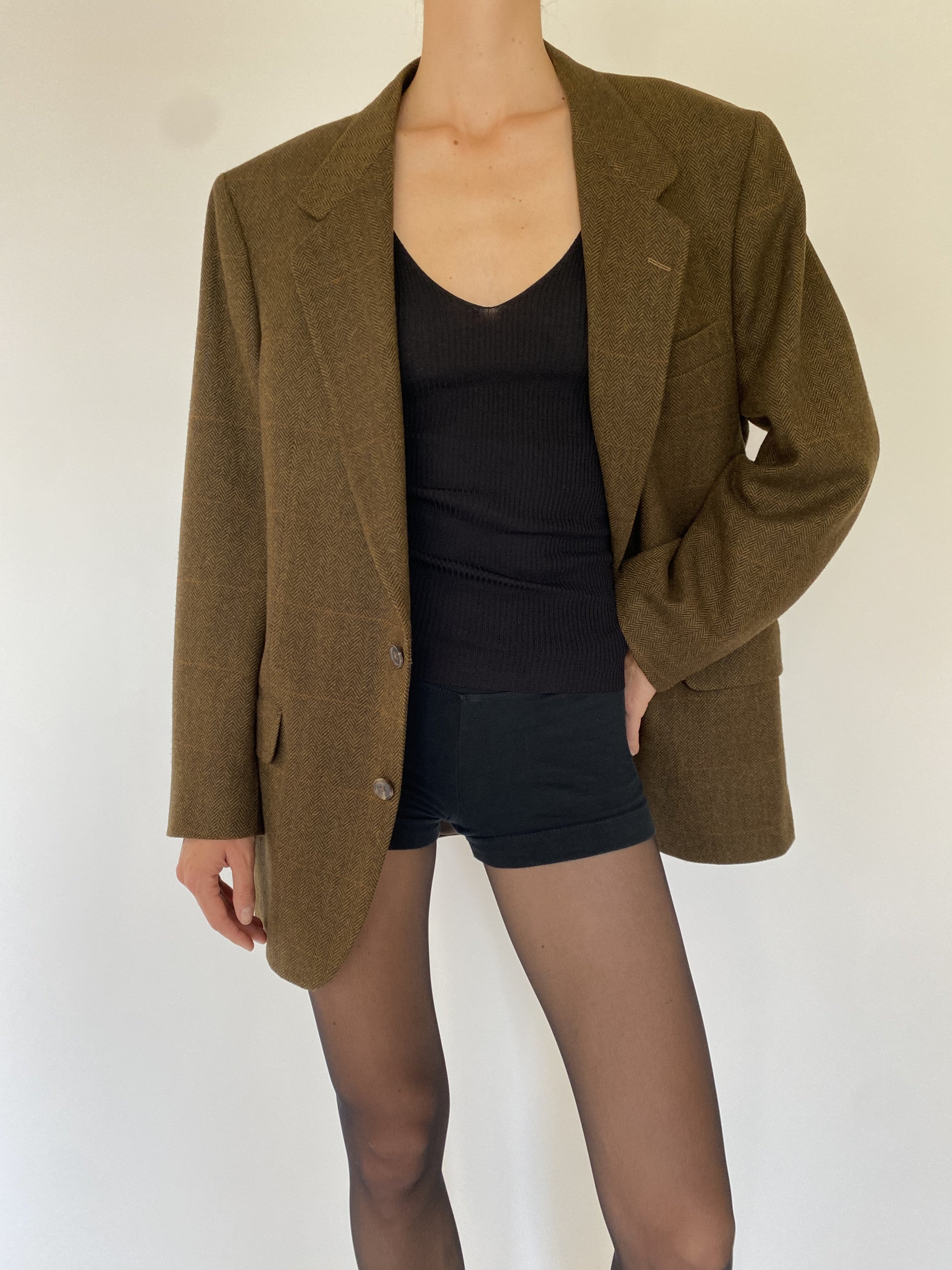 Vintage checked wool blazer in brown 5739