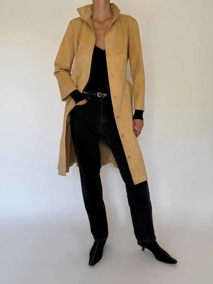 Vintage faux suede long trench coat in beige 5753