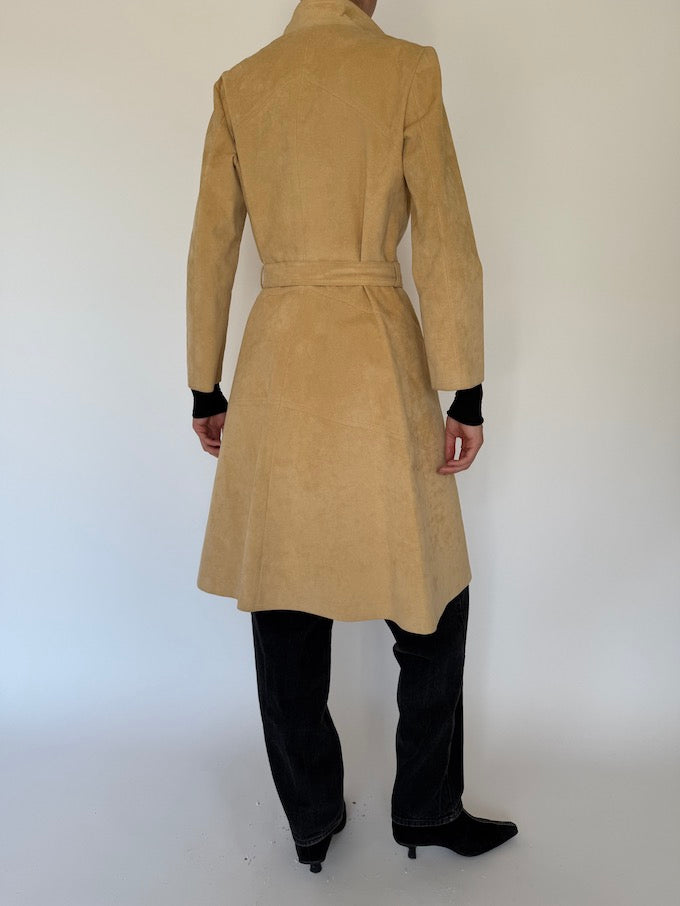 Vintage faux suede long trench coat in beige 5753