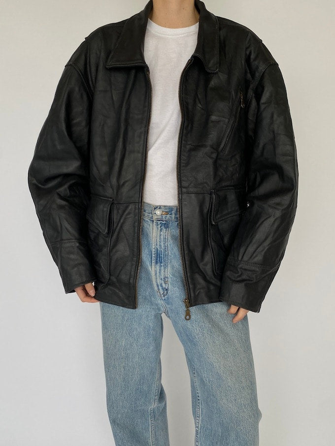 Vintage Oversized Black Leather Jacket 5412