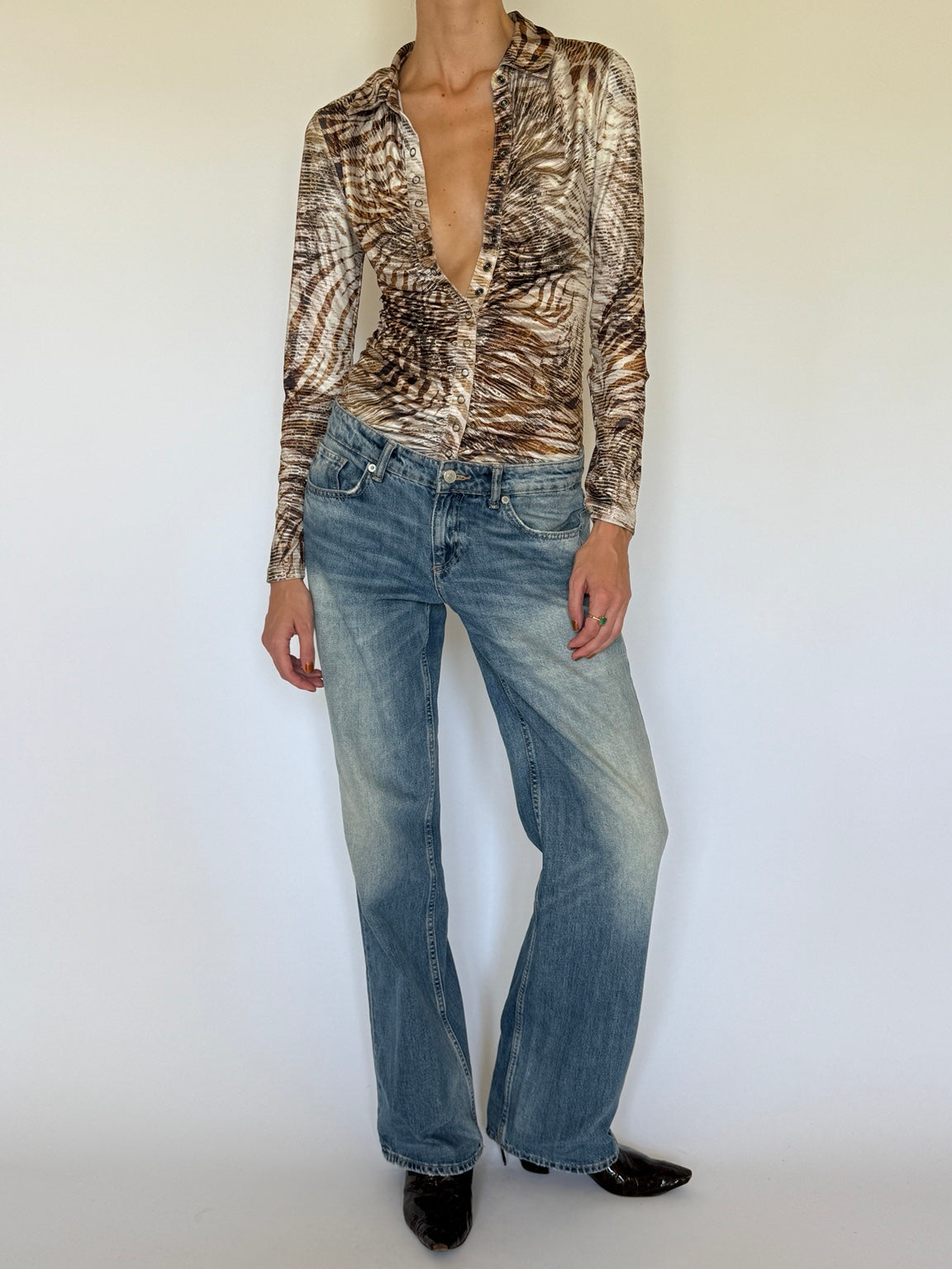Vintage Guess animal print ruched blouse front view
