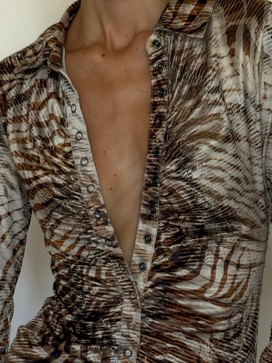 Vintage Guess animal print ruched blouse neckline detail