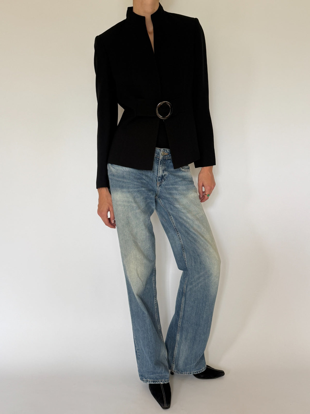 Vintage belted fitted blazer black full front view