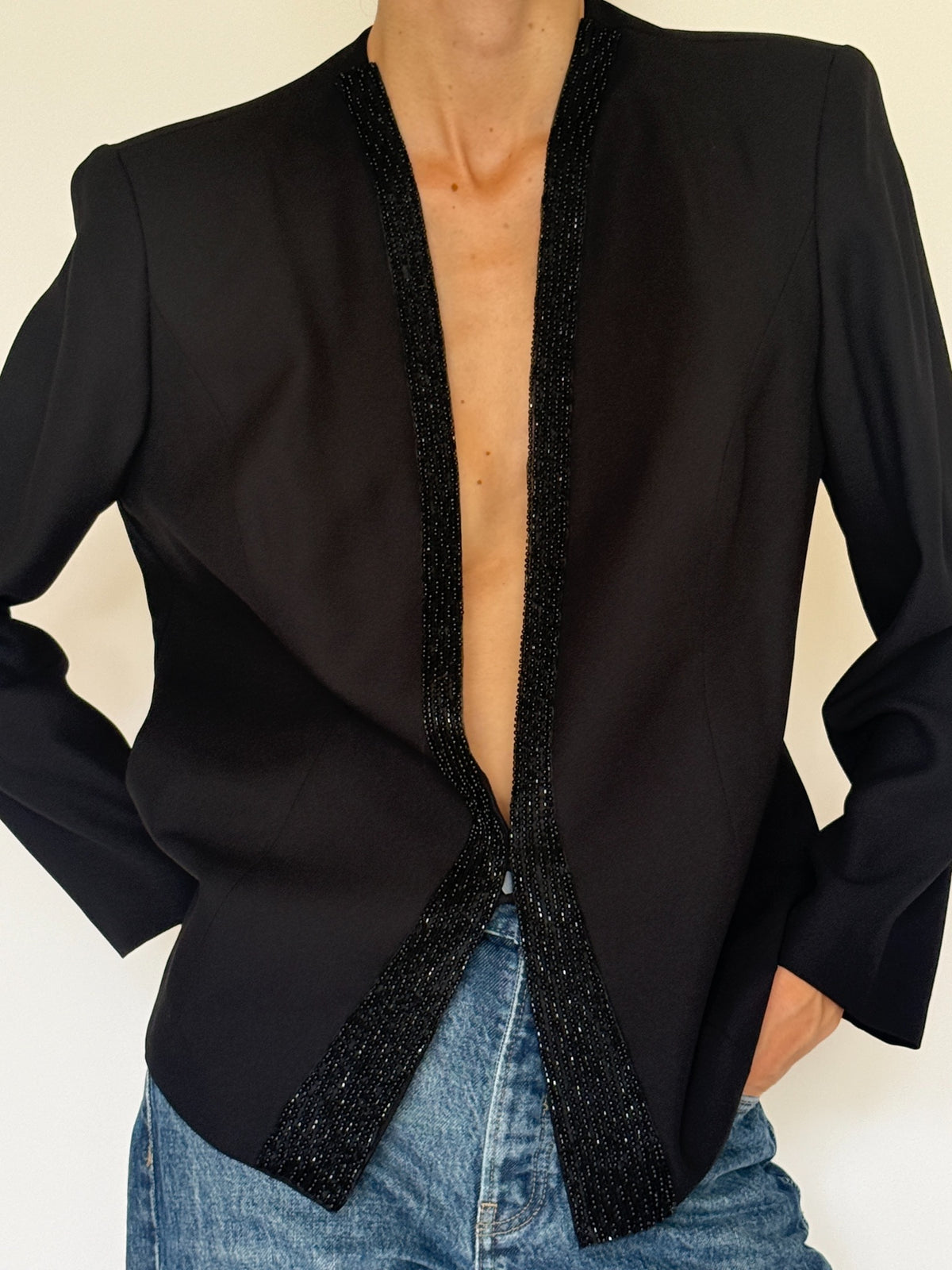 Vintage black blazer beaded trim detail
