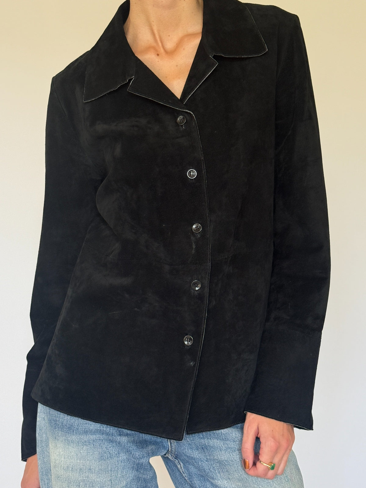 Vintage black suede leather blazer close front view