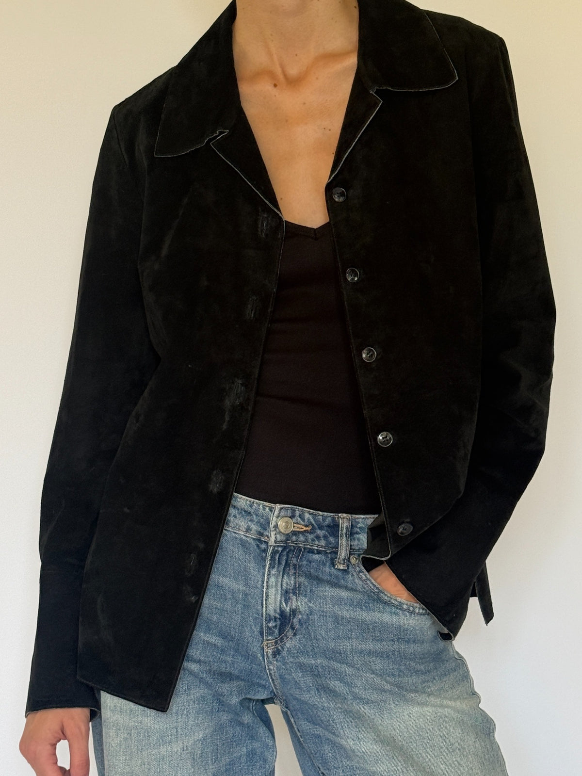 Vintage black suede leather blazer open front view