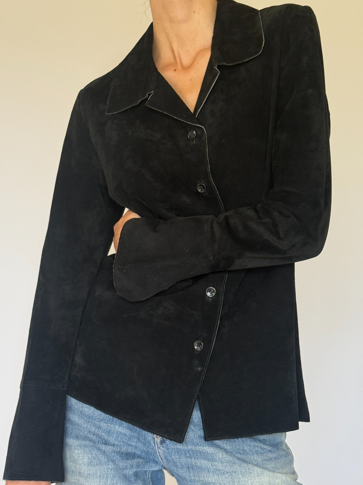 Vintage black suede leather blazer lapel and button detail