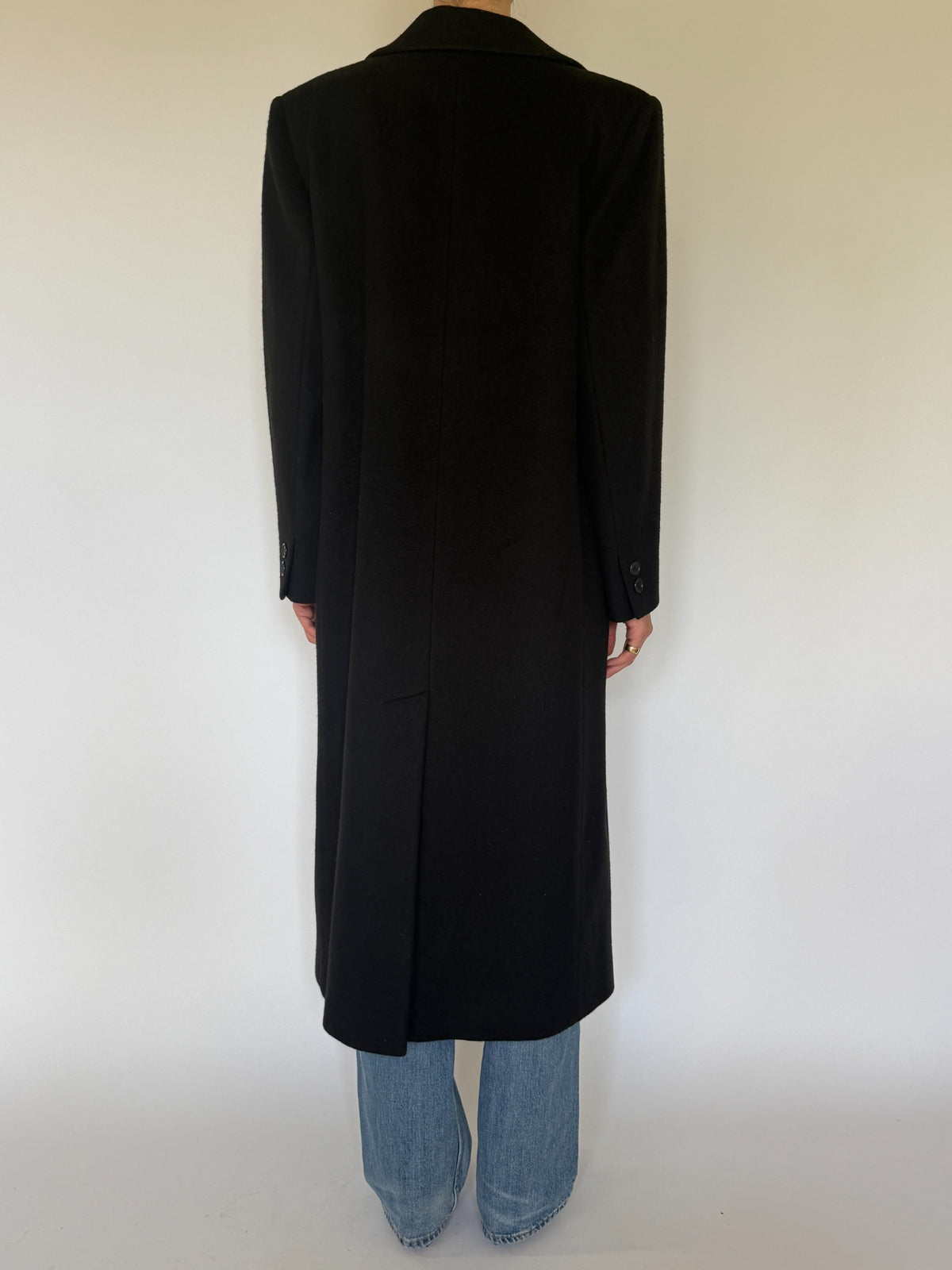 Vintage black wool long coat back view