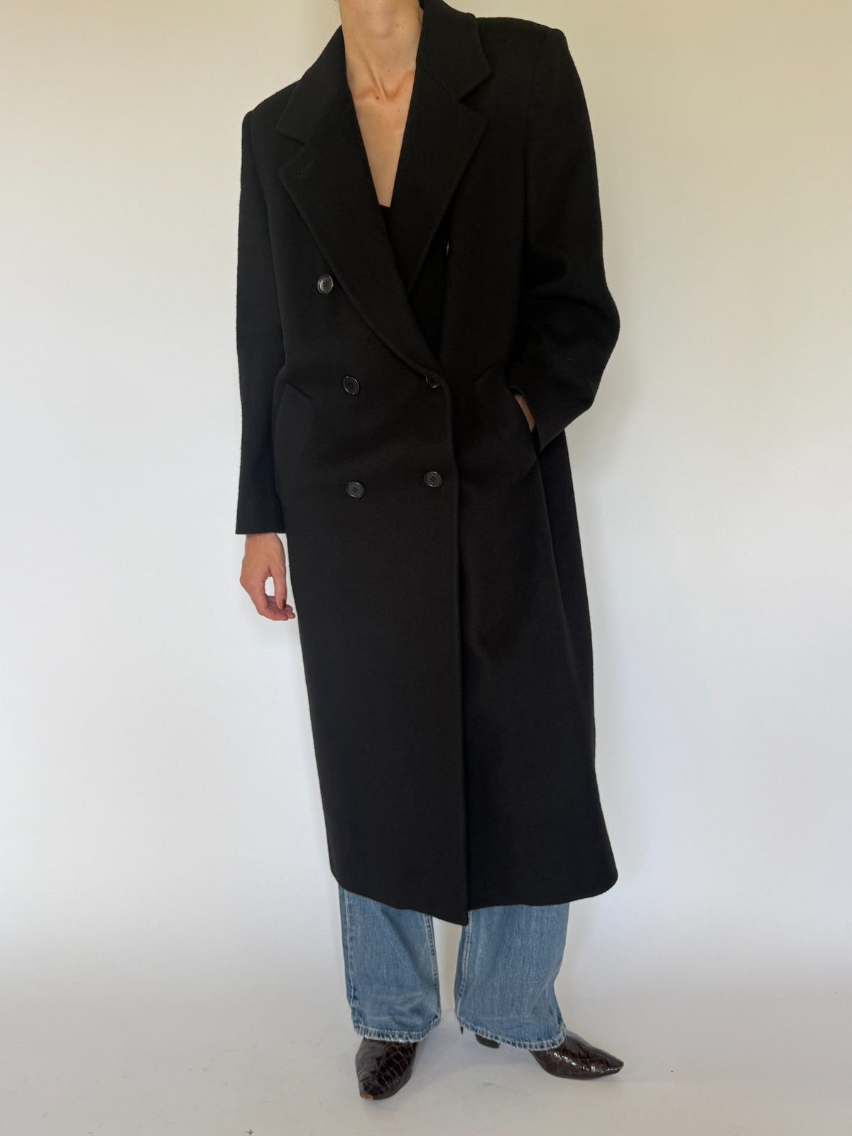 Vintage black wool double-breasted long coat front view
