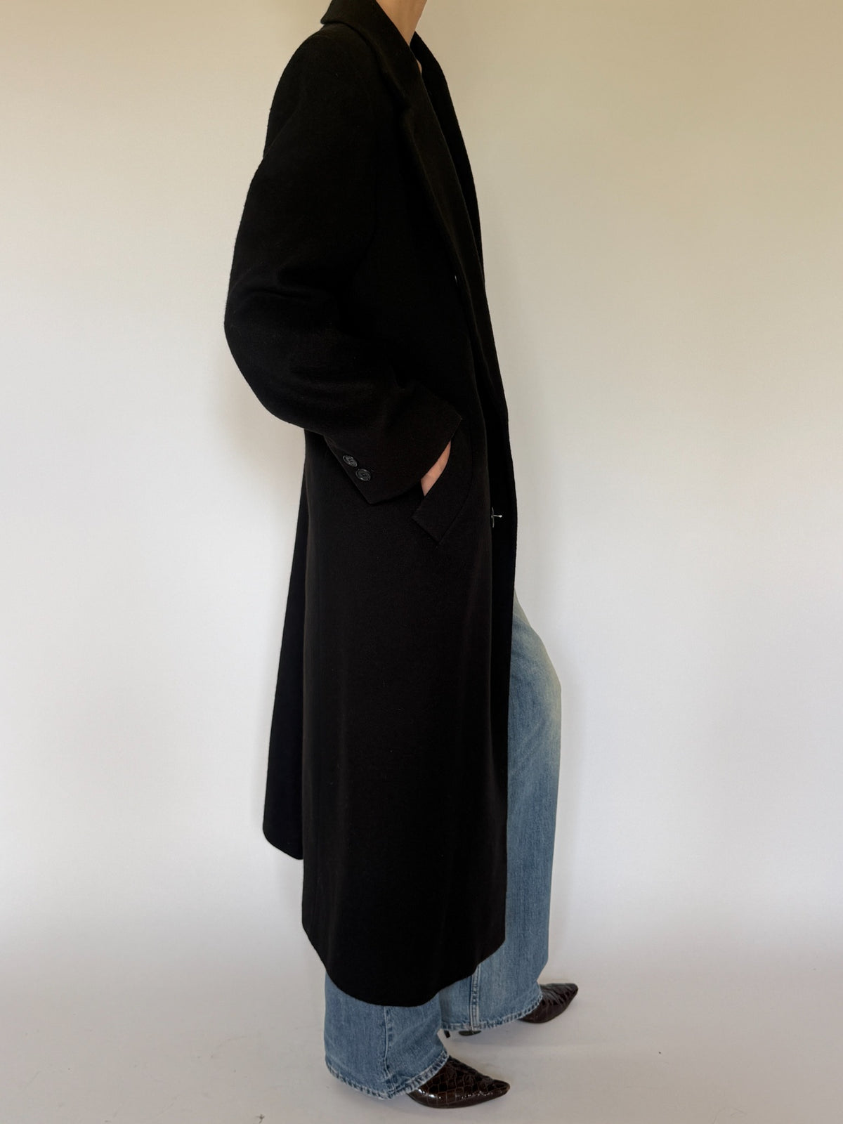Vintage black wool long coat side view