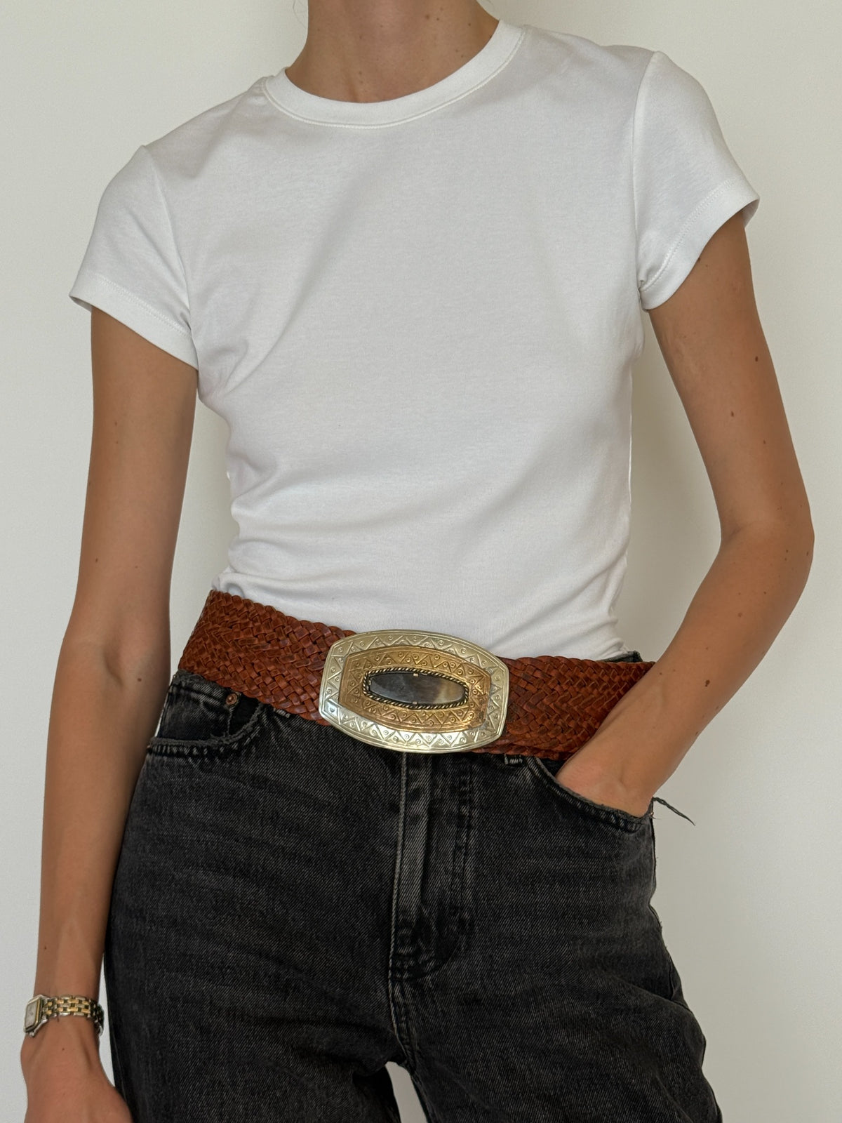Vintage braided western belt brown close front view