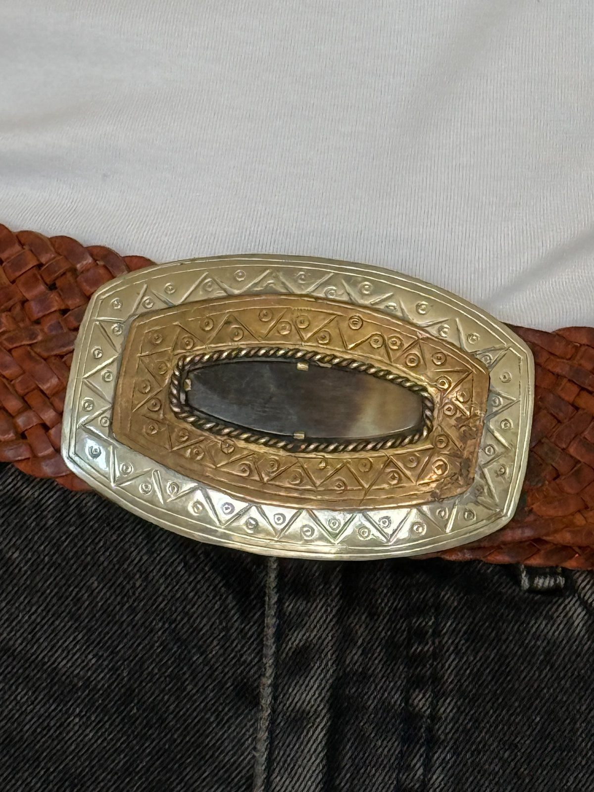 Vintage braided western belt mixed-metal buckle detail