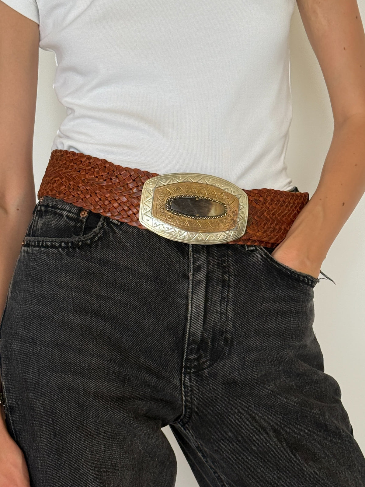 Vintage braided western belt brown angled styled view