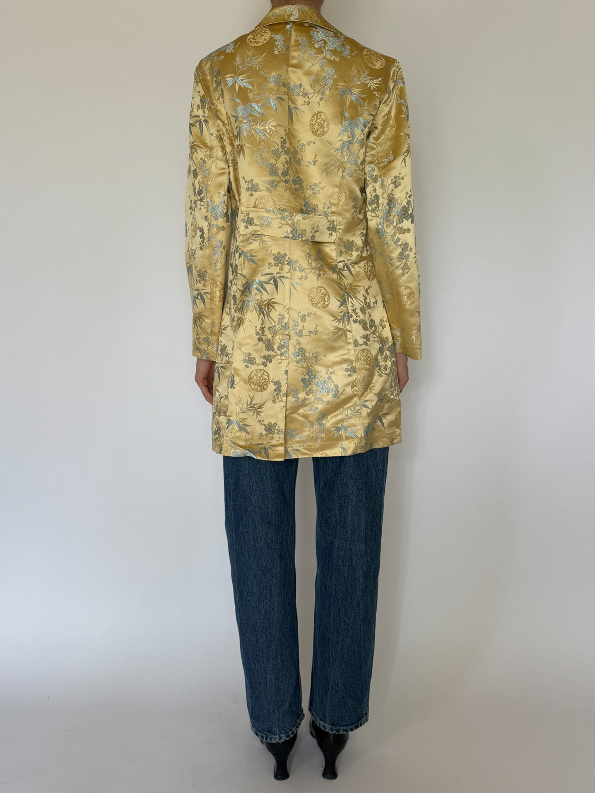 Vintage gold and blue brocade longline blazer back view