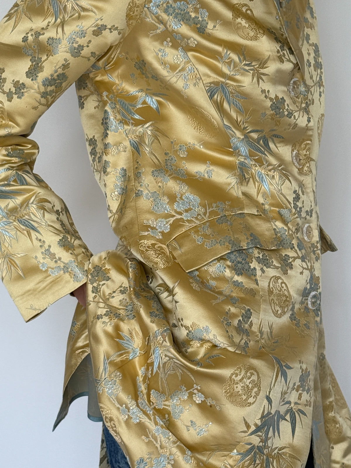 Vintage gold and blue brocade blazer button and pocket detail