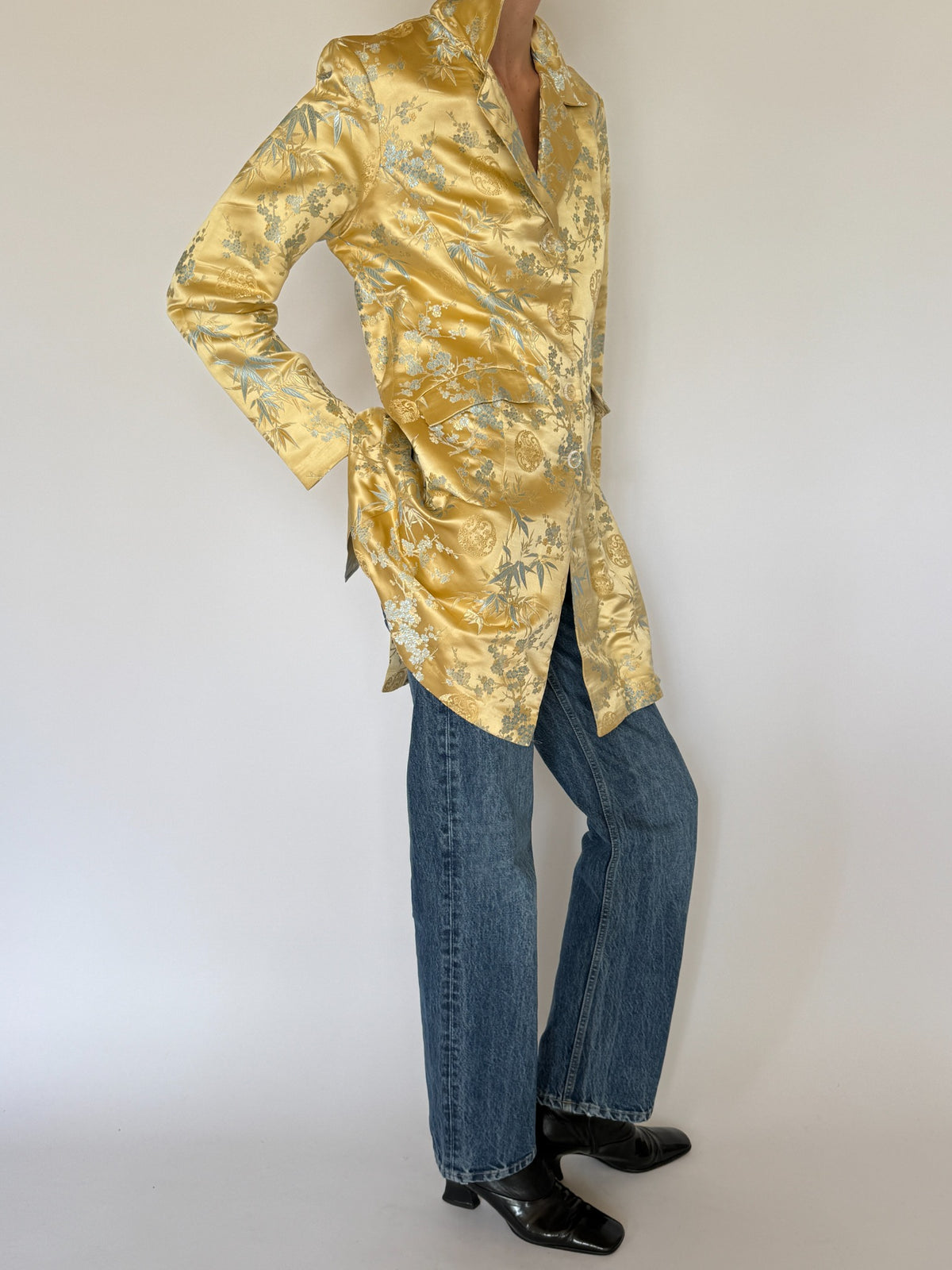 Vintage gold and blue brocade longline blazer front angle