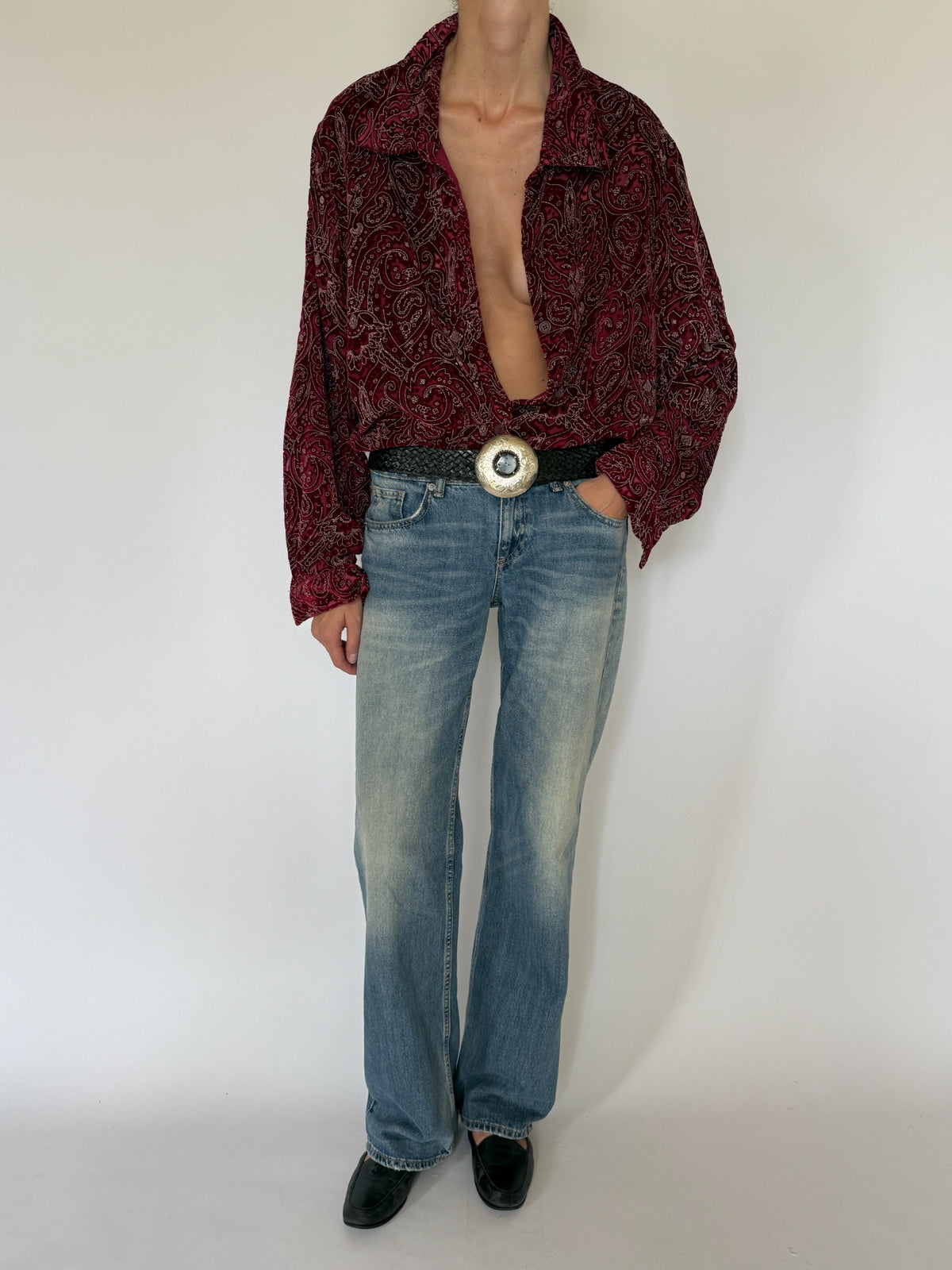 Vintage burgundy paisley shirt front view