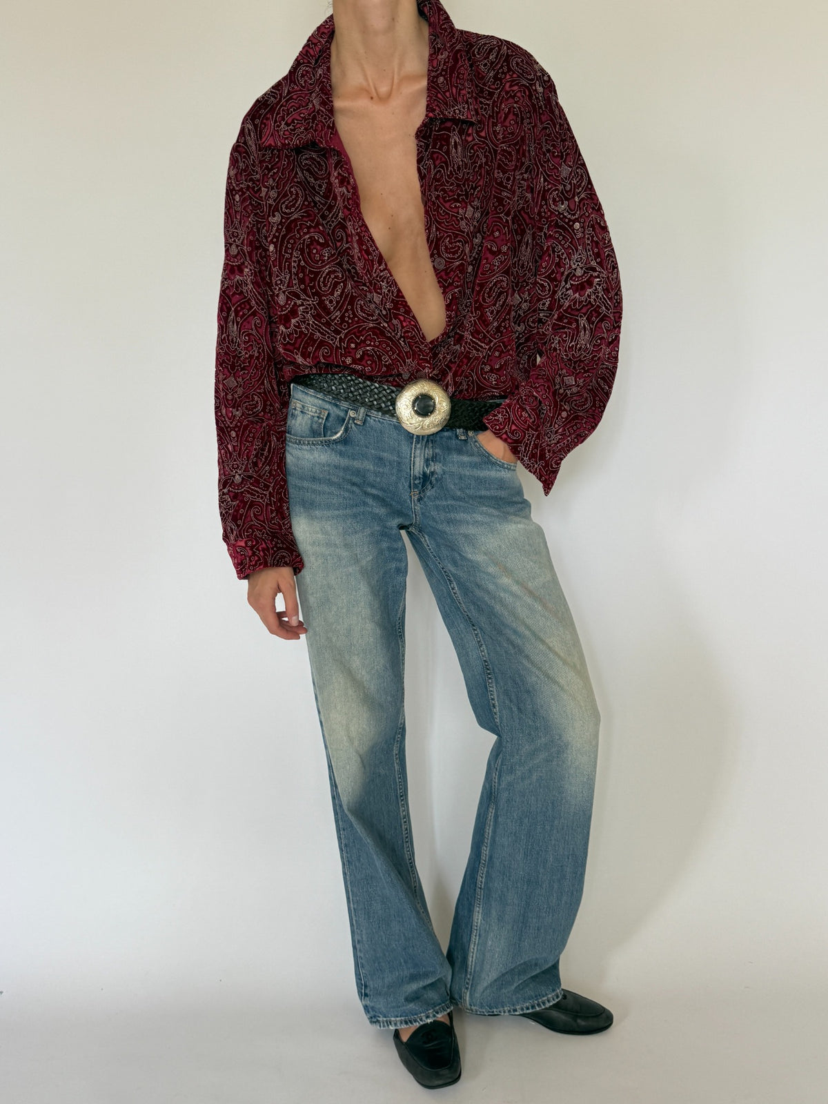 Vintage burgundy paisley shirt side angle