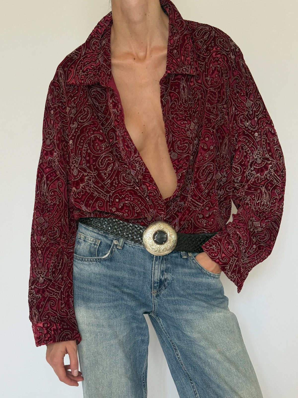 Vintage burgundy paisley shirt front pattern detail