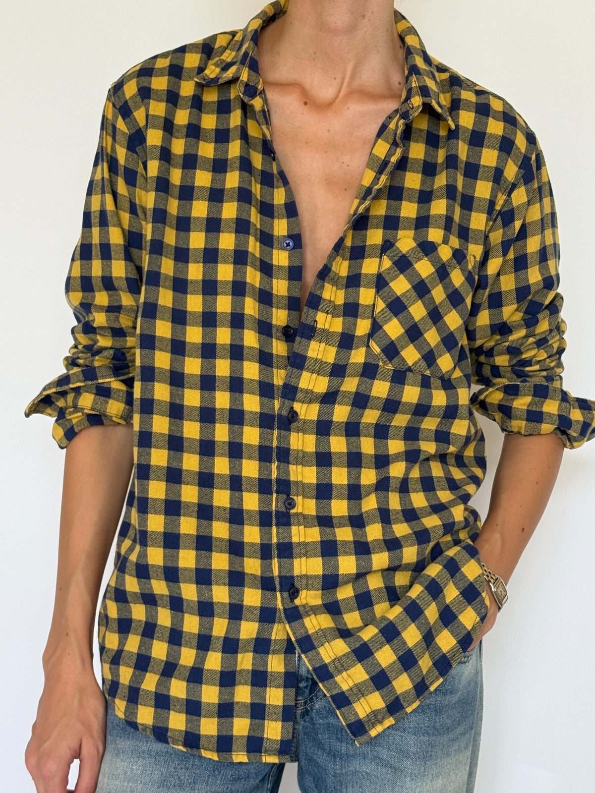 Vintage yellow and navy check flannel shirt front and pocket detail