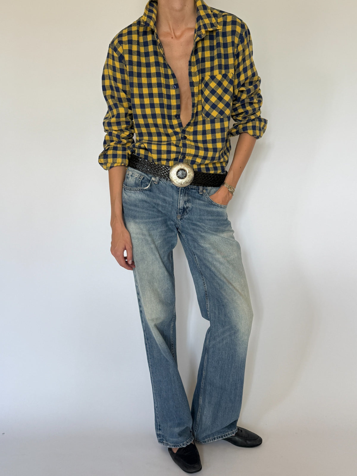 Vintage yellow and navy check flannel shirt final front angle