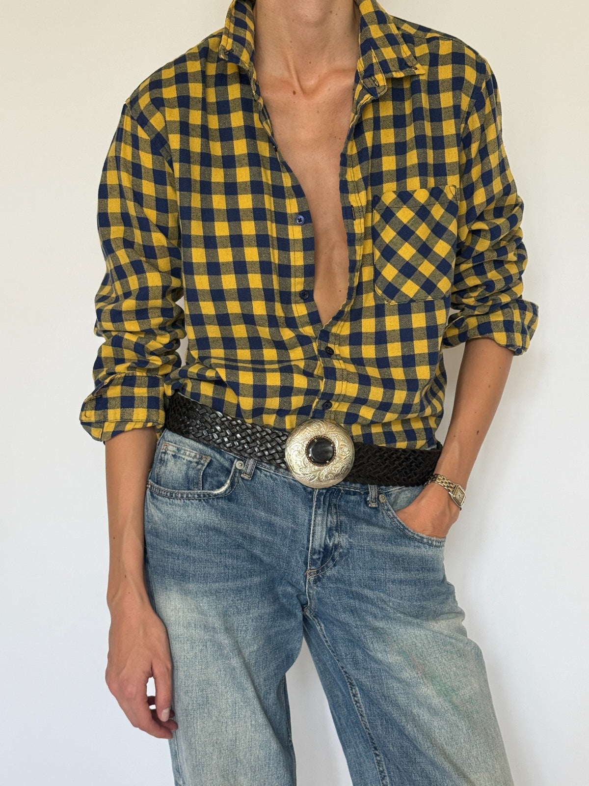 Vintage yellow and navy check flannel shirt chest pocket detail