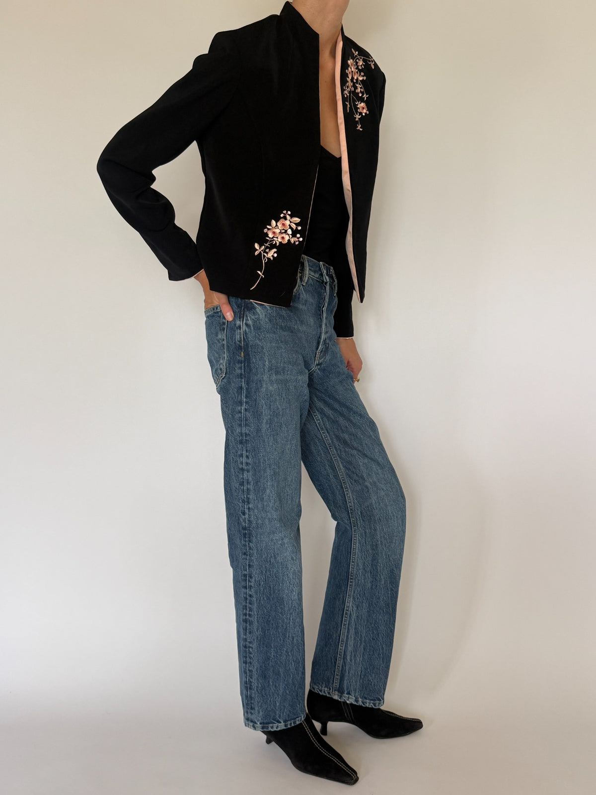 Vintage embroidered open-front jacket black side view