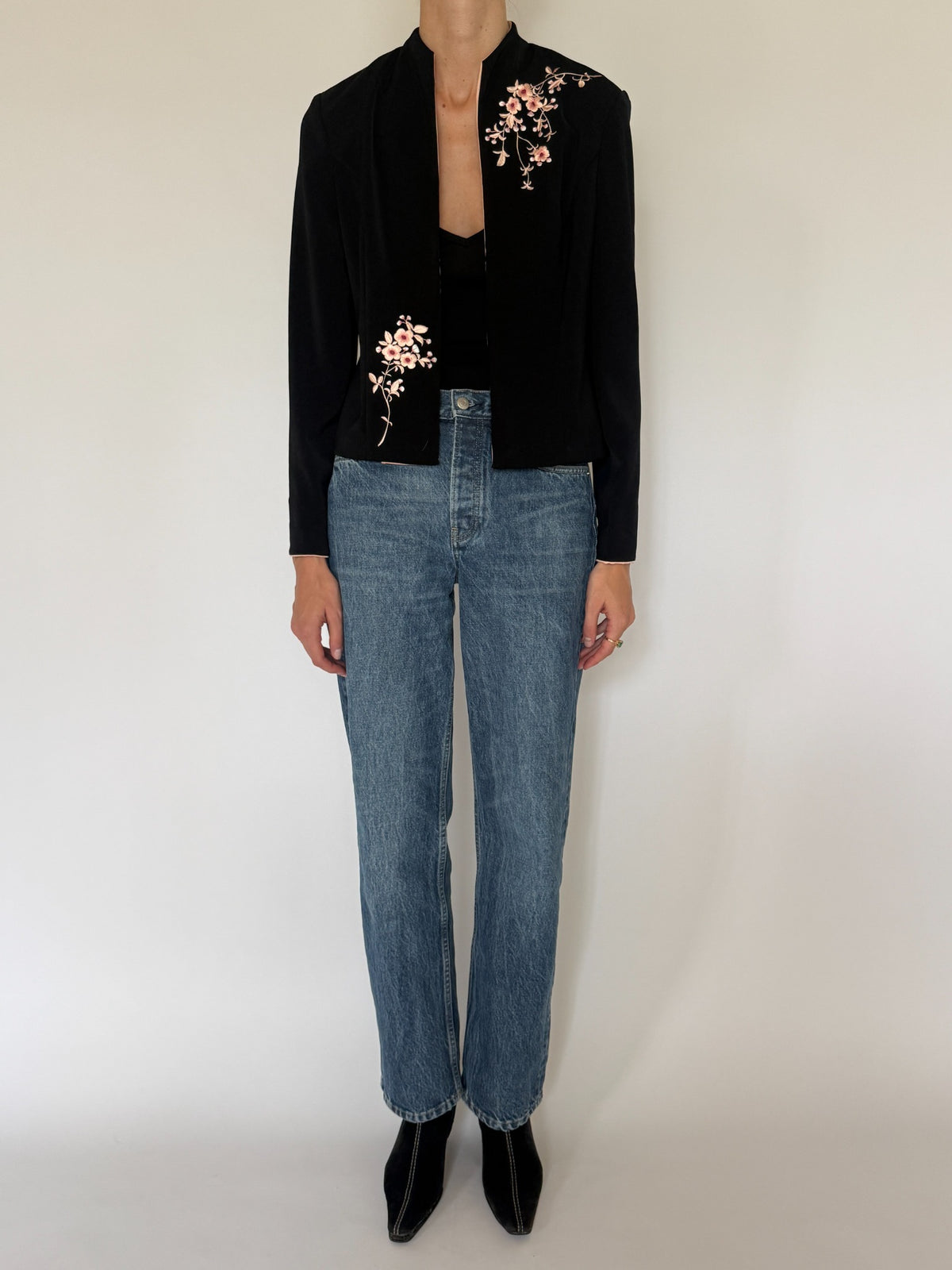 Vintage embroidered open-front jacket black front view