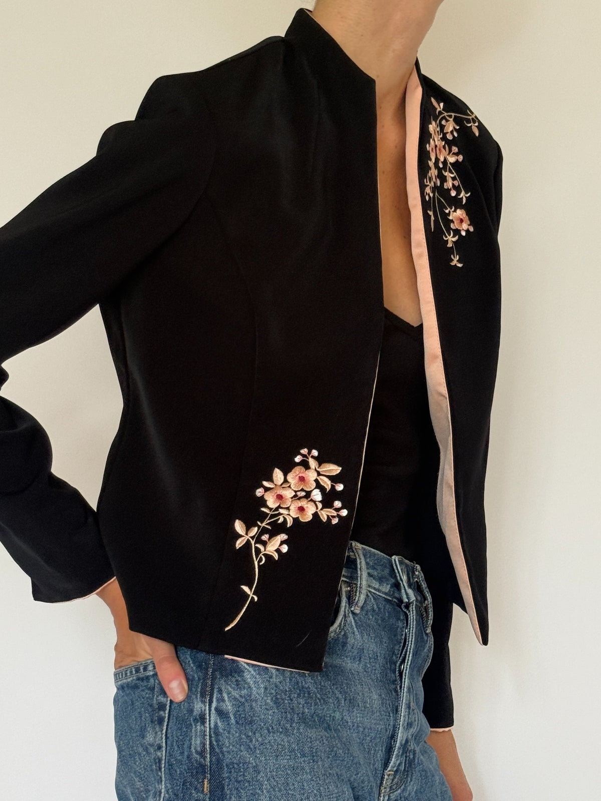 Vintage embroidered open-front jacket black embroidery detail